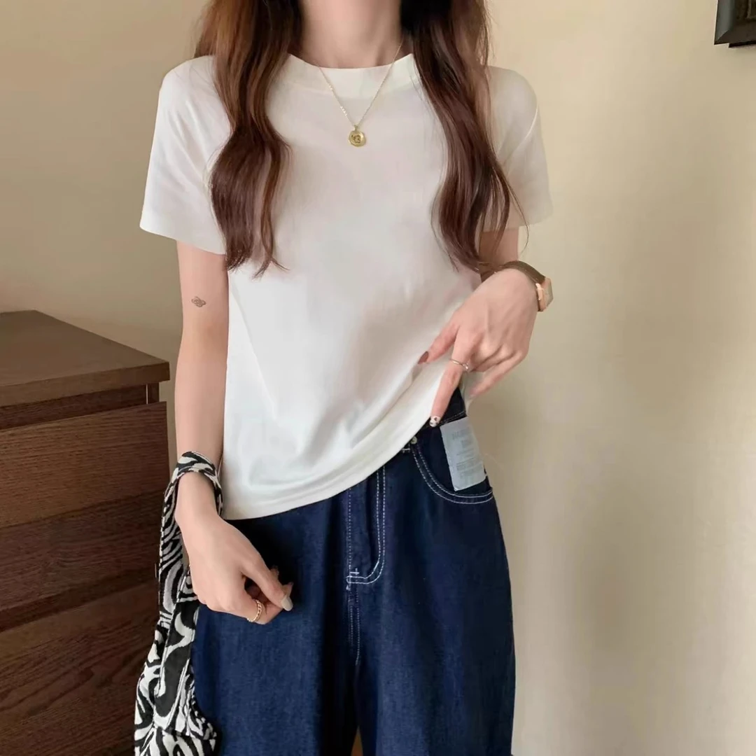 白色短袖t恤女2025新款夏季修身显瘦圆领打底半袖小个子正肩上衣