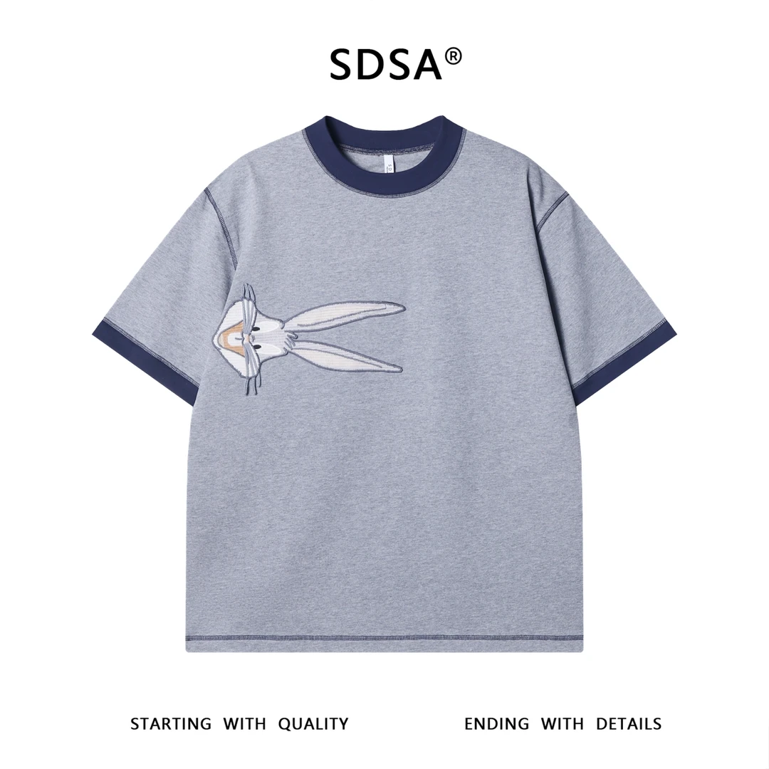 T3418夏季高级感新款潮牌撞色刺绣兔子圆领短袖T恤百搭上衣礼物