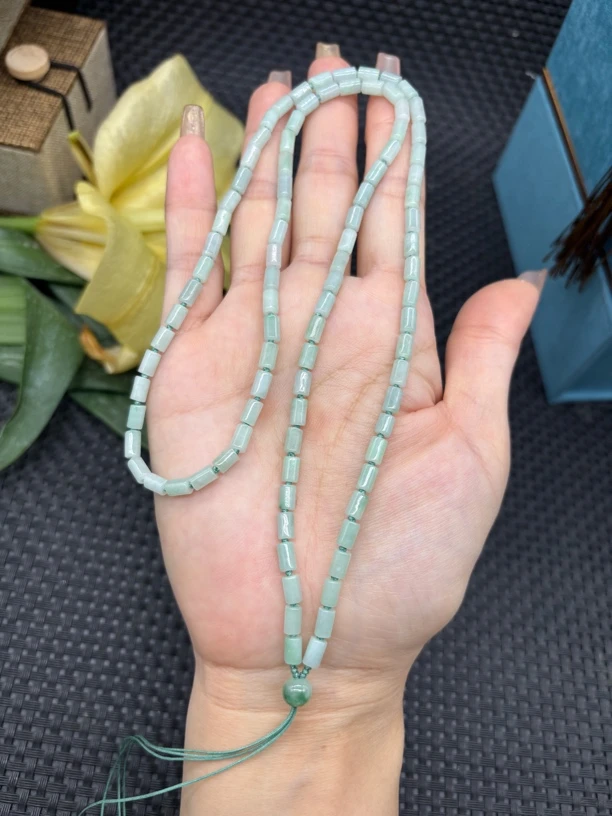 福利款天然缅甸翡翠A货冰绿色桶珠3.6mm玉石挂坠绳毛衣链项链长链