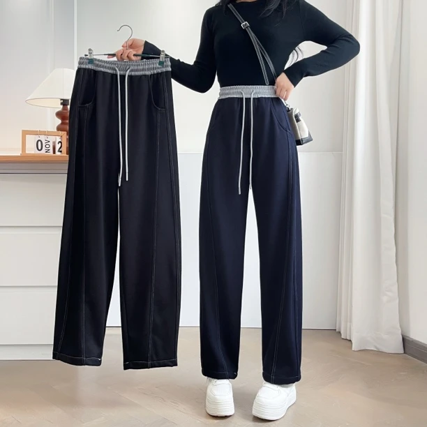 YueBeiLa/月贝拉秋冬大码女装宽松遮肉高腰弹力洋气加绒弯刀长裤