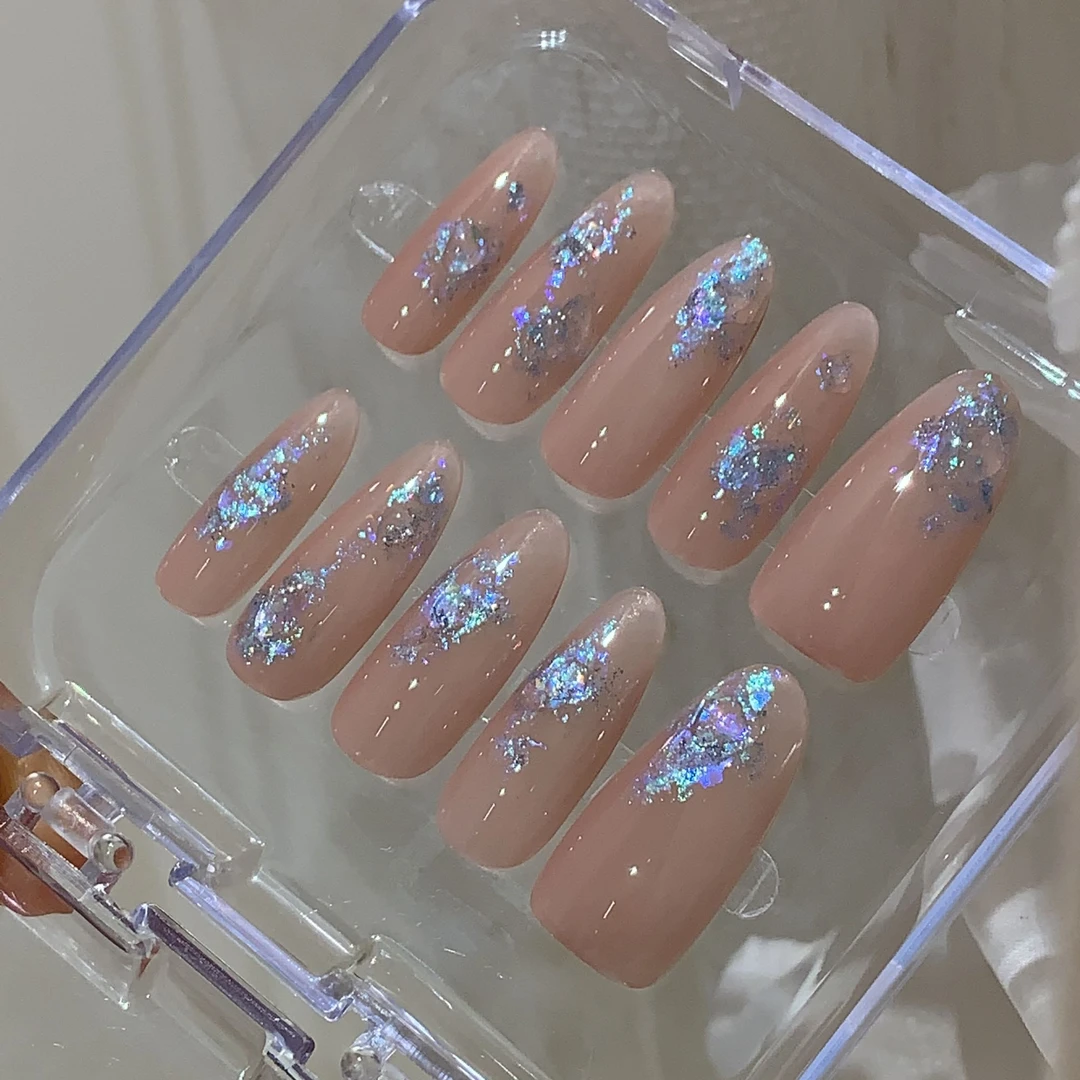 蓝眼泪 显白高级氛围感裸色清冷破碎 一朵山茶纯手工穿戴甲