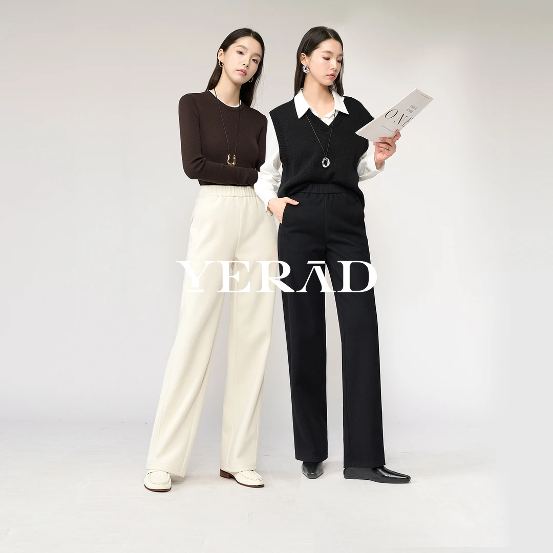 娅丽达羊毛针织直筒裤女冬2025新款休闲长裤子加绒窄版显瘦阔腿裤