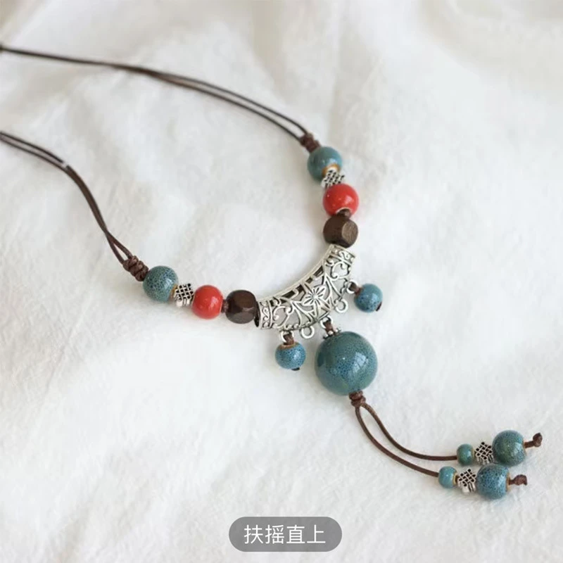 非金属布艺项链 民族风可调节陶瓷长款复古国风项链手作中式古风