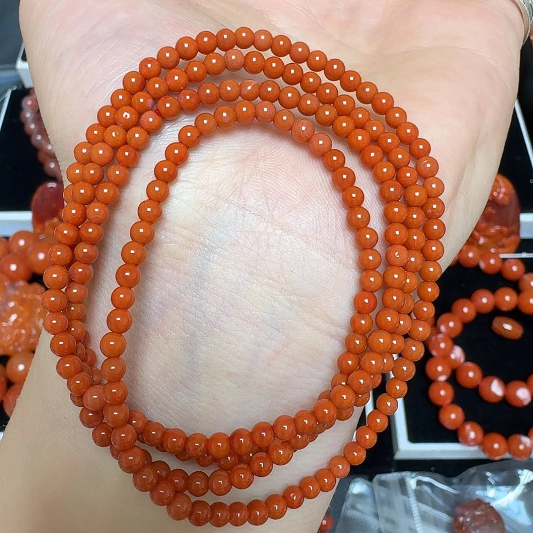 南红玛瑙未镶嵌瓦西满色满肉柿子红小米珠多圈 可做款3.6mm13.1g