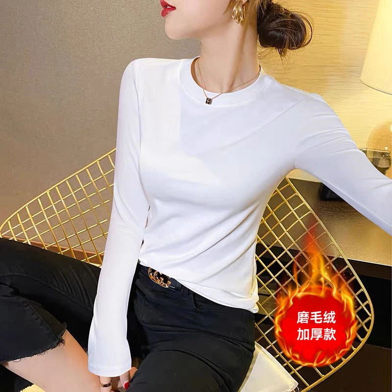 2025早秋洋气白色长袖t恤女莫代尔上衣外穿圆领打底衫女内搭女装