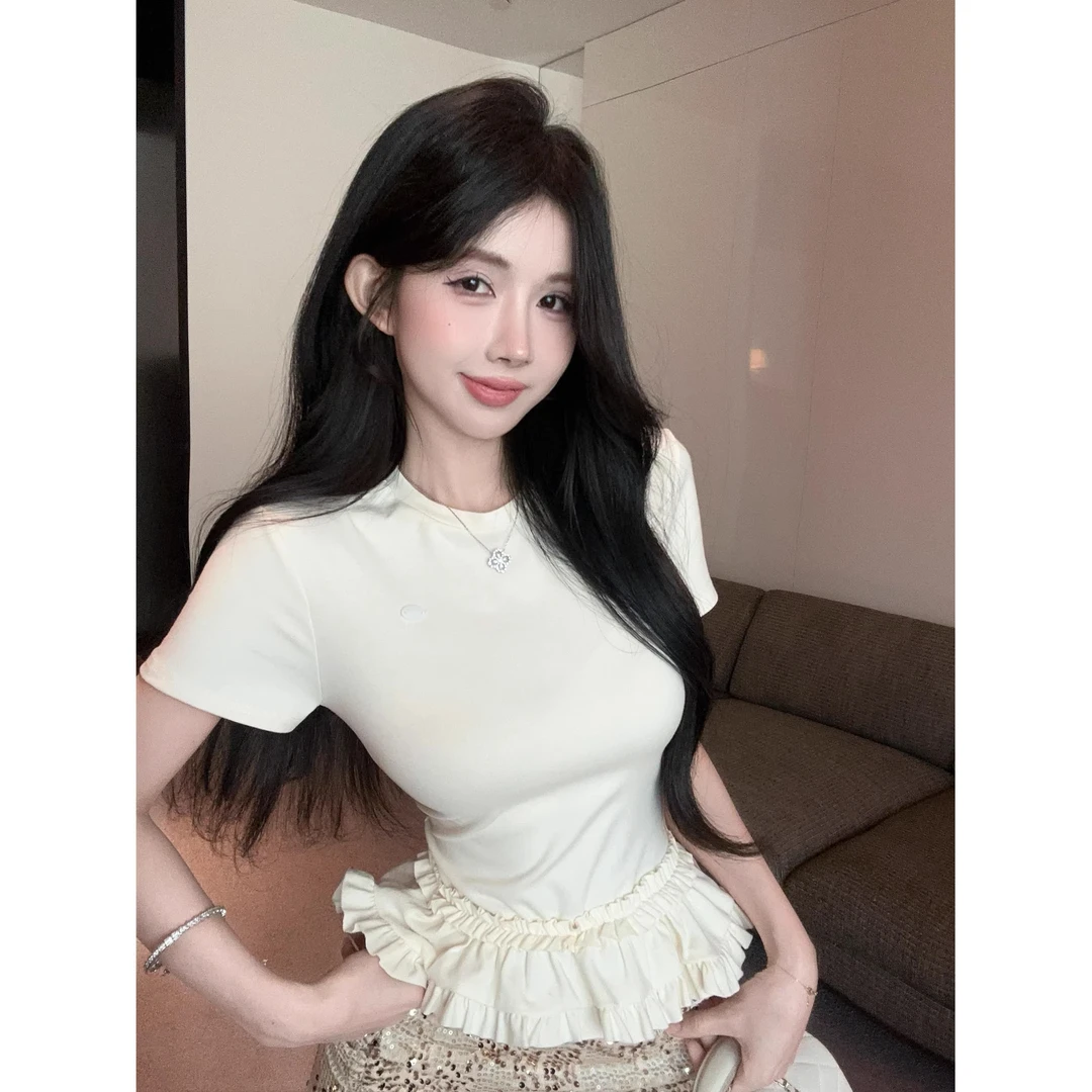 芭蕾小香风荷叶边短袖t恤女2025早春纯欲甜辣妹上衣打底衫内搭潮