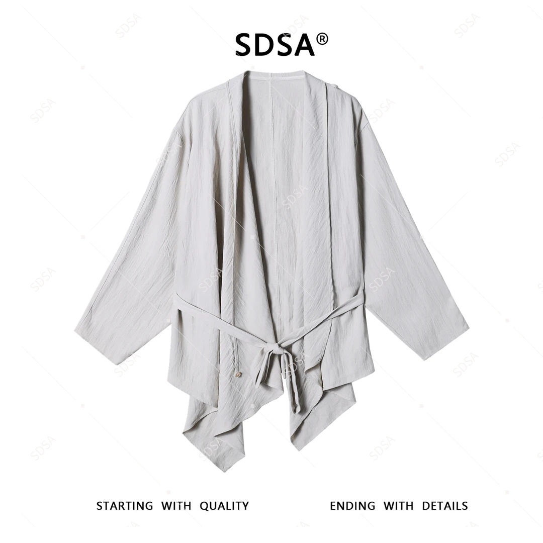 SDSA夏季新款男士痞帅复古领飘带衬衫设计感不规则慵懒长袖V领