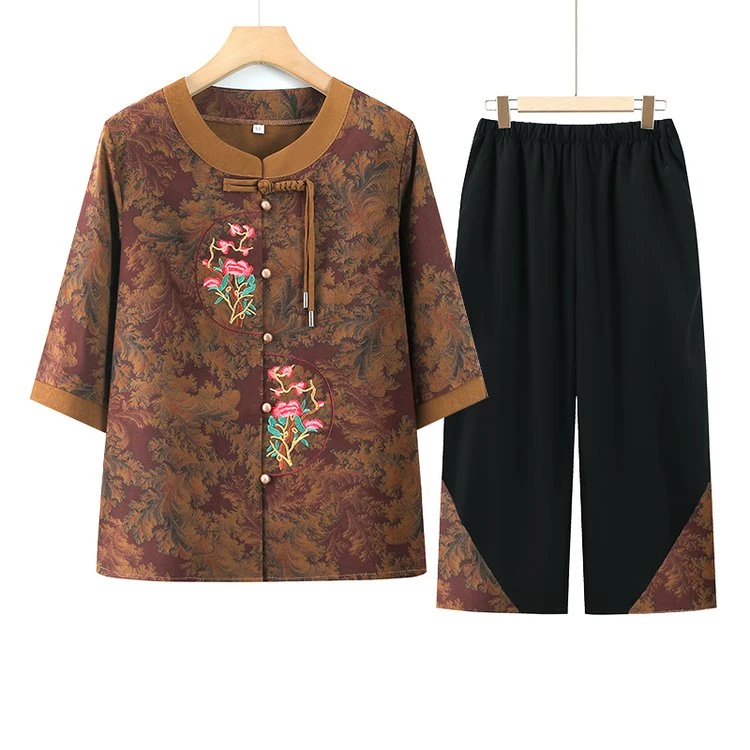中老年女装新款绣花套装奶奶夏装新中式复古衬衣衫套装中老年人女