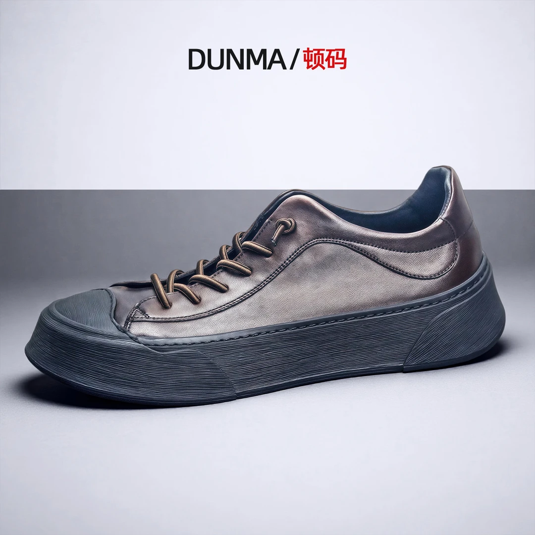顿码男鞋夏季透气板鞋真皮复古男士休闲鞋厚底松紧带一脚蹬鞋子潮