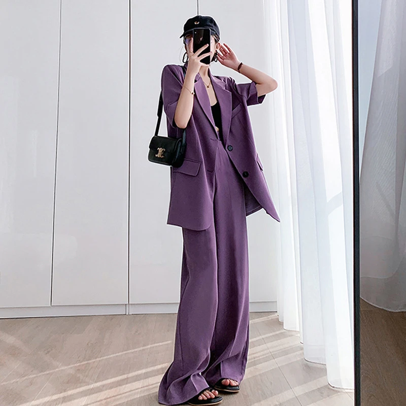 2025新款大码女装薄款西装阔腿裤套装胖MM200斤短袖紫色西服外套