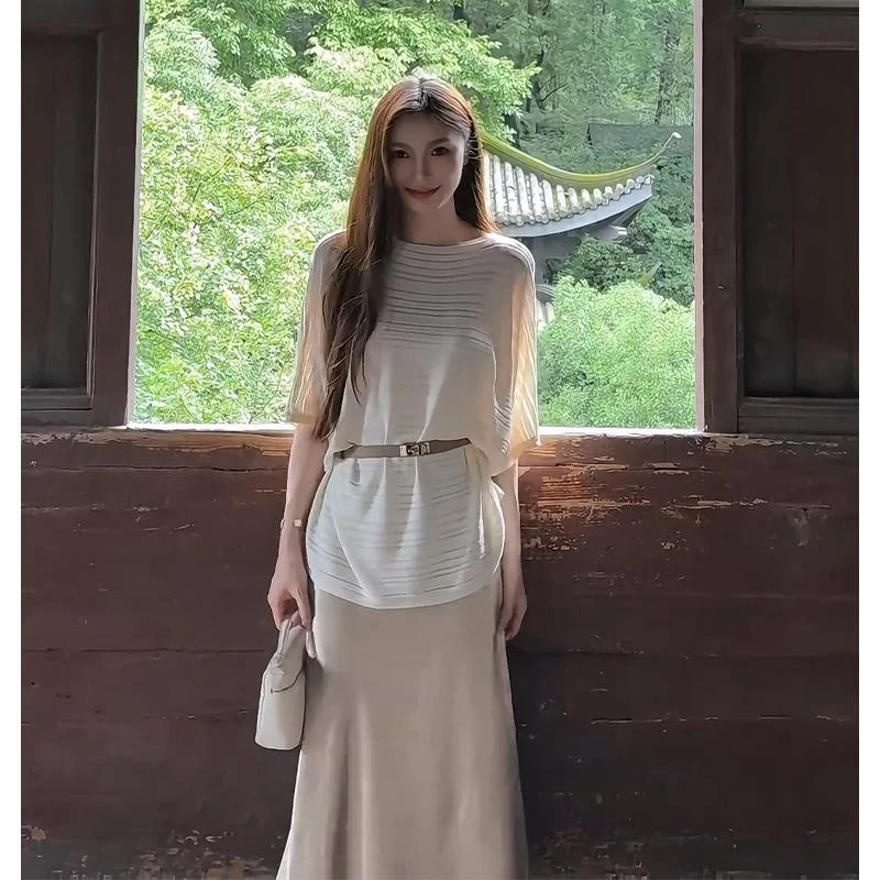 parkyeon夏季新款法式宽松条纹上衣设计感气质高腰A字半身裙套装