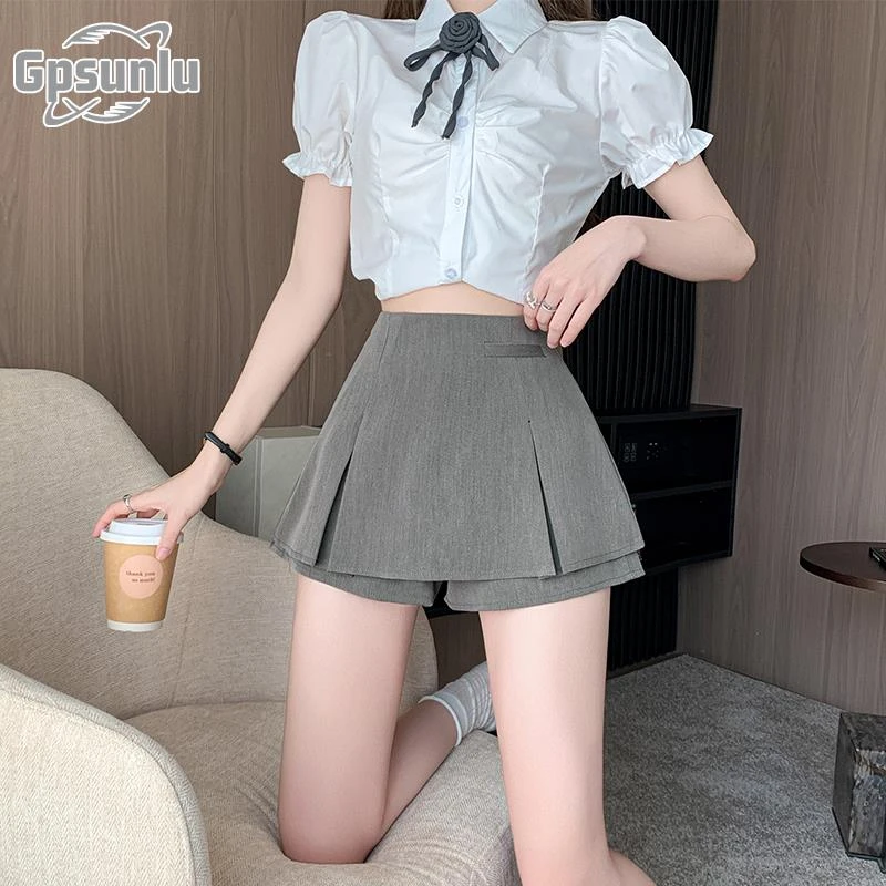gpsunlu灰色西装半身裙女春夏季新款高腰百褶裙辣妹包臀超短裤裙