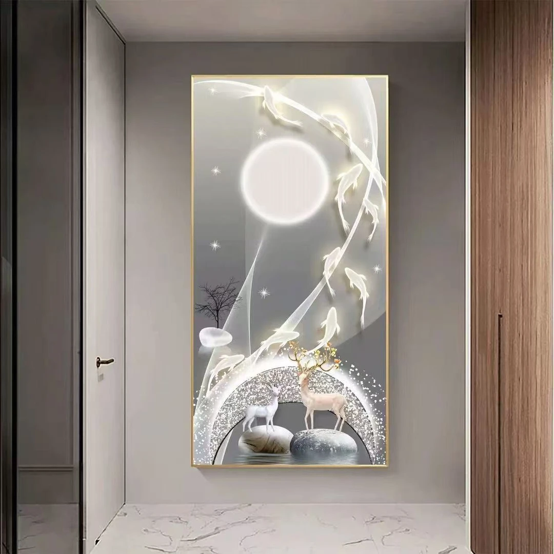 九鱼图入户门走廊壁画新中式高档大气晶瓷镶钻画过道玄关装饰挂画