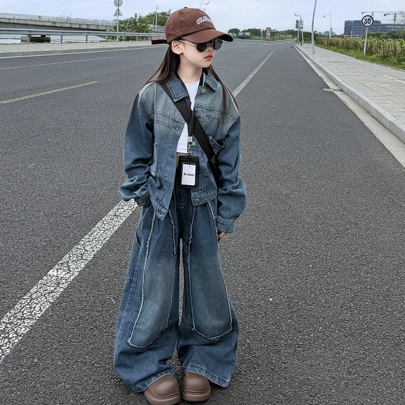 女童做旧毛边牛仔要做2025新款儿童春秋款复古外套休闲长裤两件套