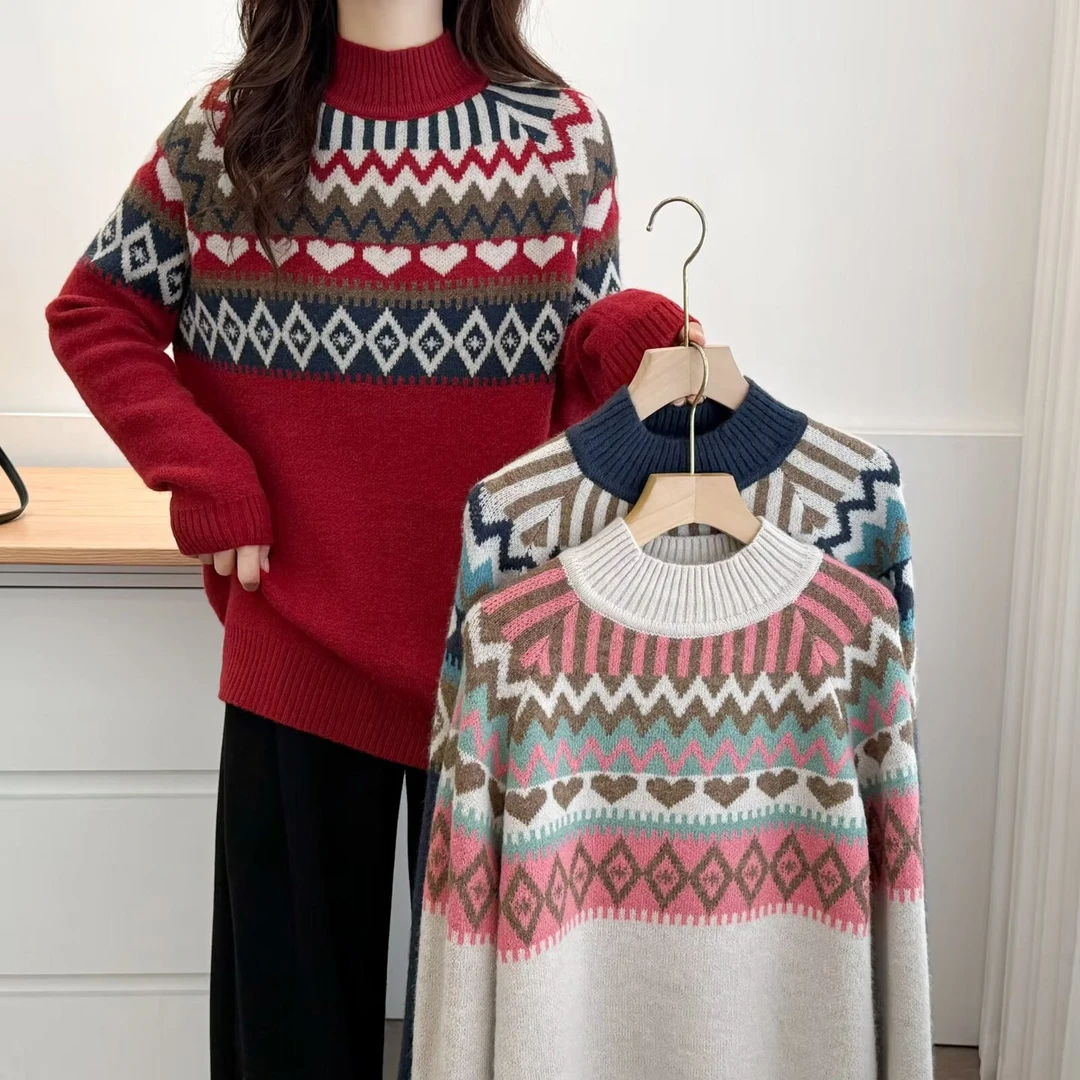 大码胖mm软糯提花毛衣女2025冬季新款百搭显瘦加厚针织打底衫1119