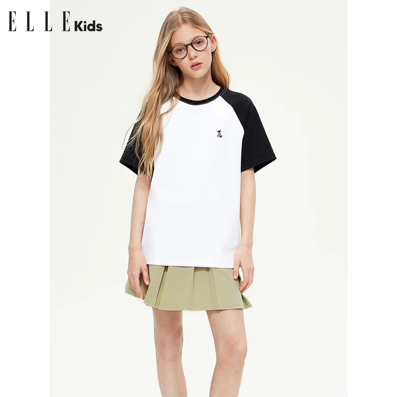 ELLE KIDS拼色插肩短袖T恤女童春季新款法式经典时髦绣花上衣S3