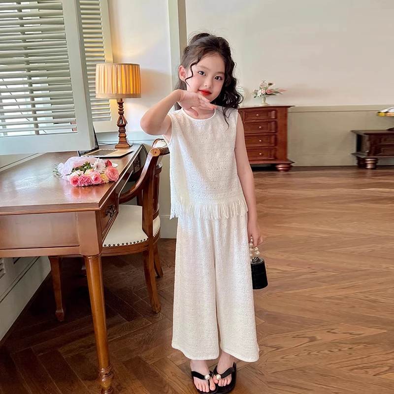 2025新款女童夏季套装韩版百搭时尚休闲中大童女孩流苏背心长裤潮