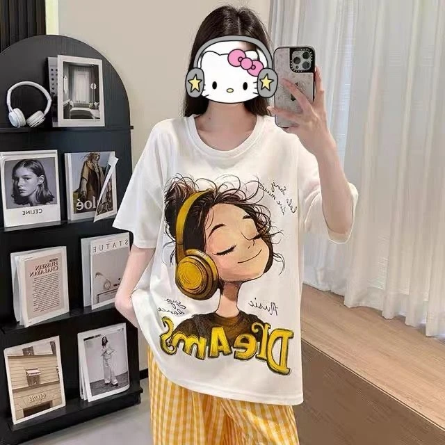 宽松卡通耳机女孩带胸垫睡衣女短袖长裤夏季透气可外穿家居服套装