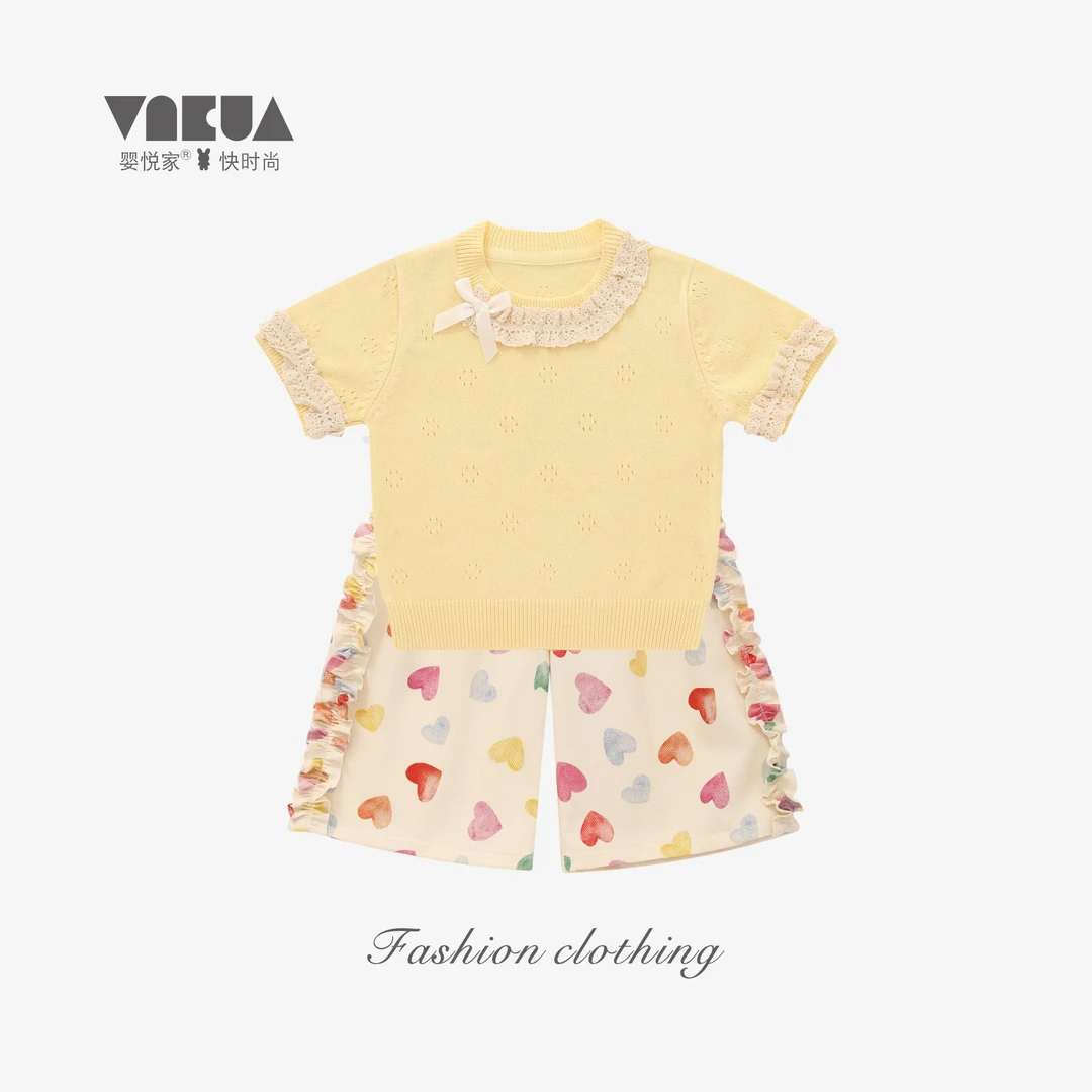 婴悦家夏季女宝宝时尚针织镂空上衣+花边阔腿9分裤 88685+88707