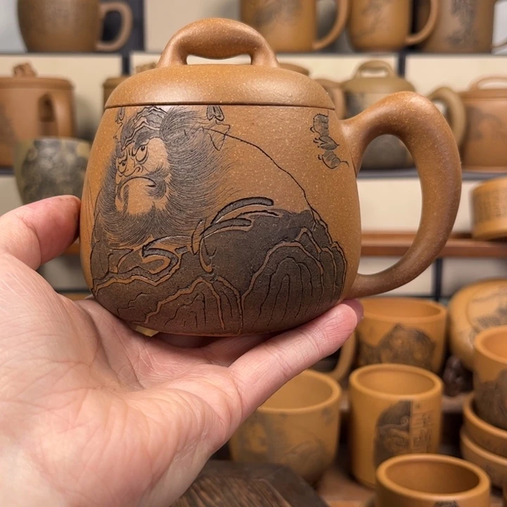 紫砂杯子微瑕疵无锦盒钟馗刻绘紫砂盖杯