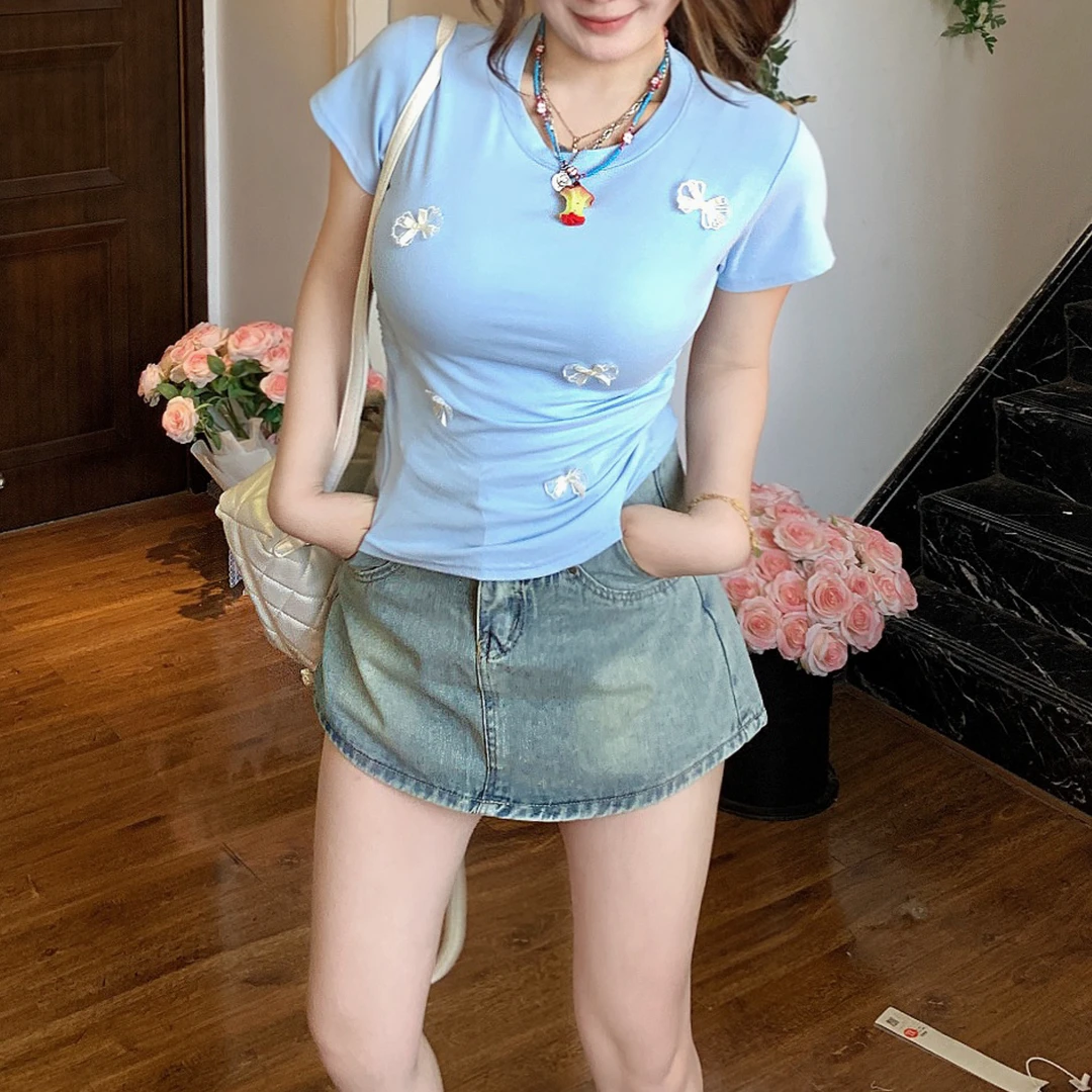 纯欲风2025夏季辣妹立体蝴蝶结短款显瘦T恤女短袖上衣百搭