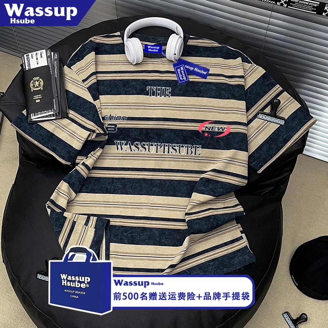 WASSUP HSUBE美式潮牌字母印花条纹短袖T恤男夏季小众百搭上衣女