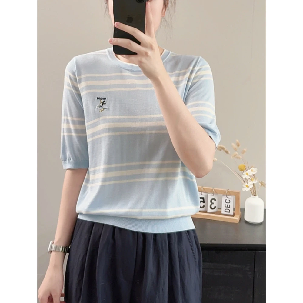 桑蚕丝莱赛尔混纺！ 条纹圆领胸口刺绣套头款短袖春夏新款外贸款