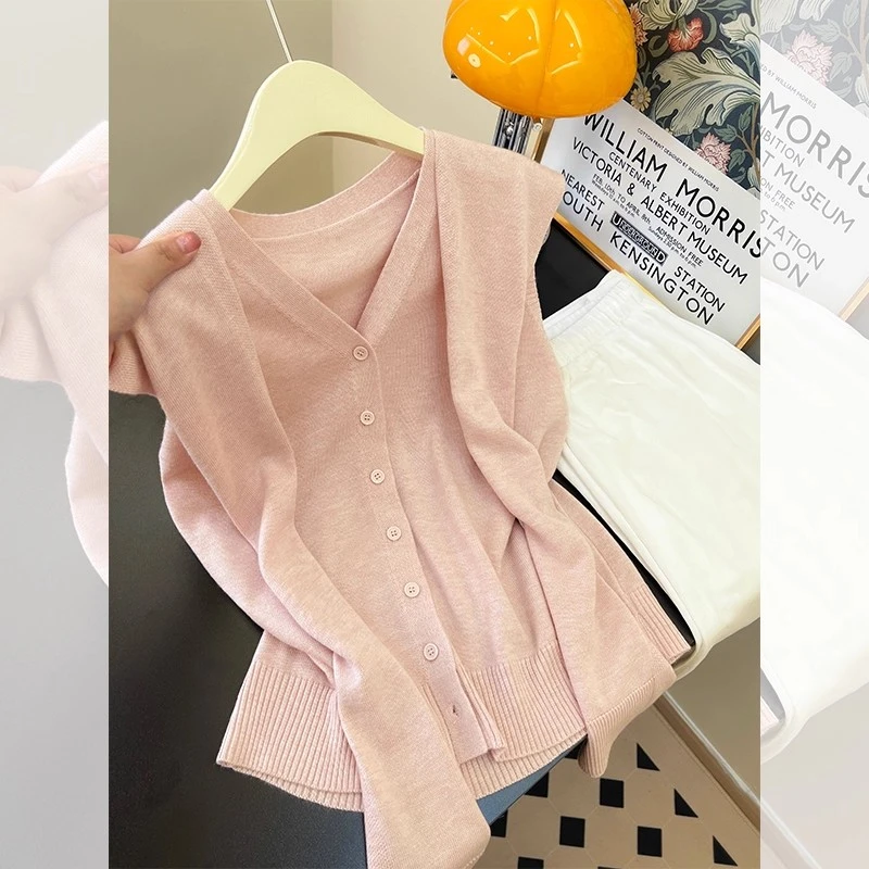 2025新款韩系甜美粉色披肩针织开衫女夏季薄款设计感无袖坎肩上衣