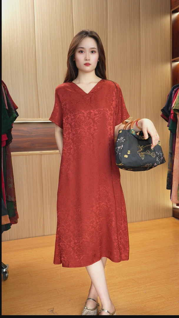 9935夏季V领中长款连衣裙百搭遮肉时尚提花中式风格