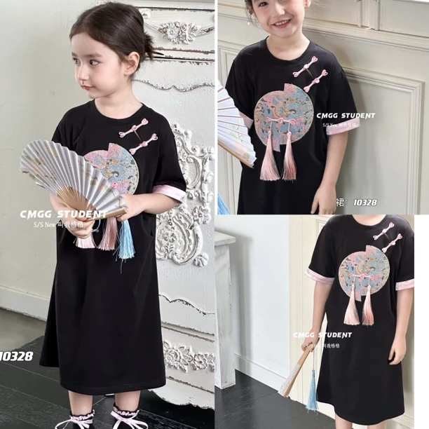 叫我格格童装女童国风短袖连衣裙10328 甜美气质高雅半袖圆领裙子