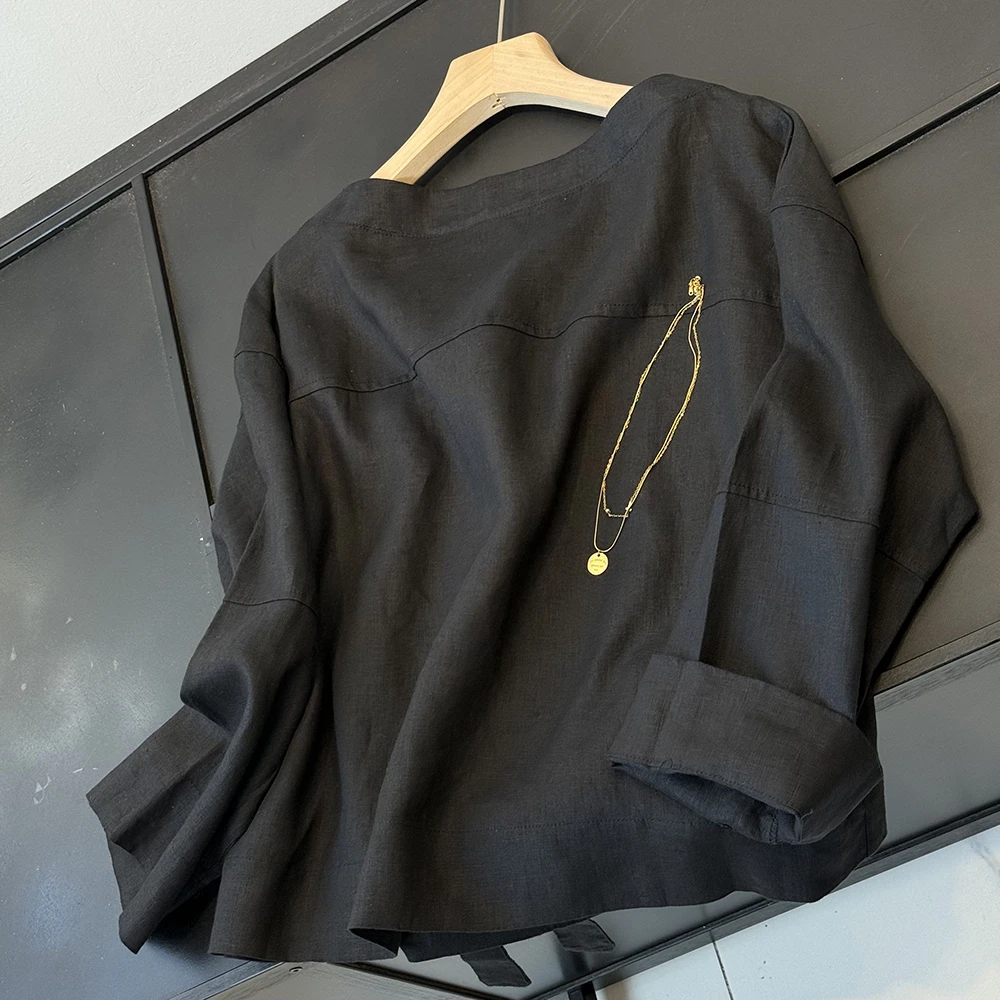 夏季新品休闲版型纯色前后两穿系带亚麻衬衫24792