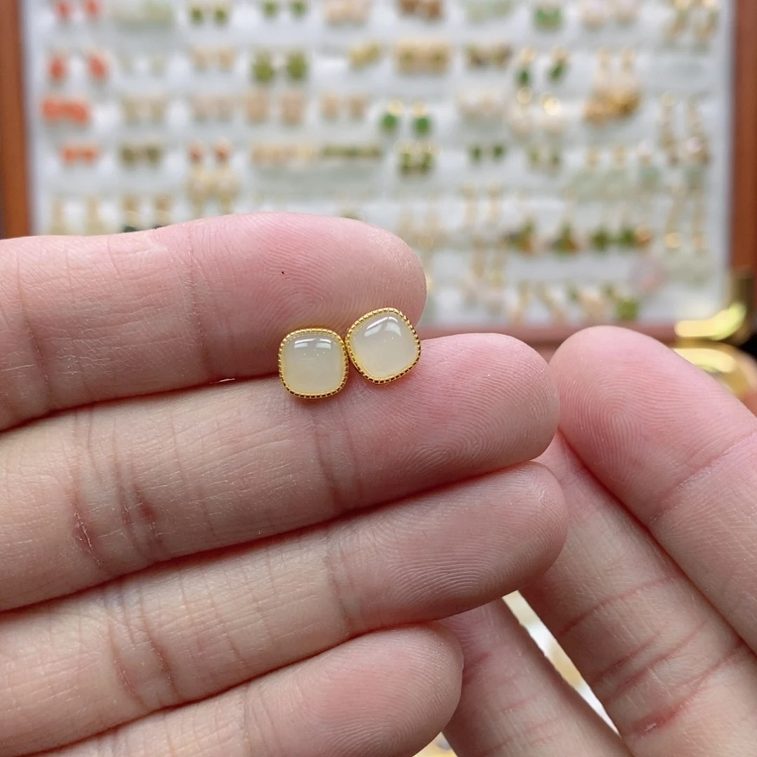 和田玉银S925镶嵌耳饰