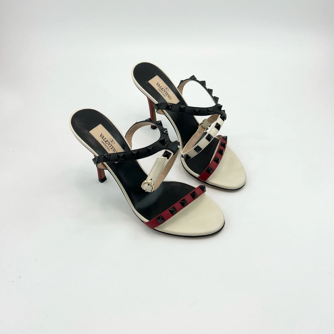 95新 Valentino/华伦天奴 36码/黑白拼接双环绑带高跟凉鞋/pp