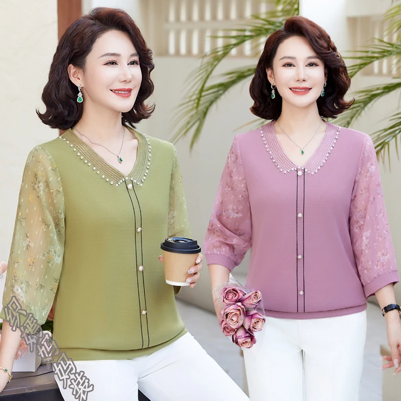 洋气妈妈春装新款七分袖打底衫中老年女装薄款针织时尚小衫两件套