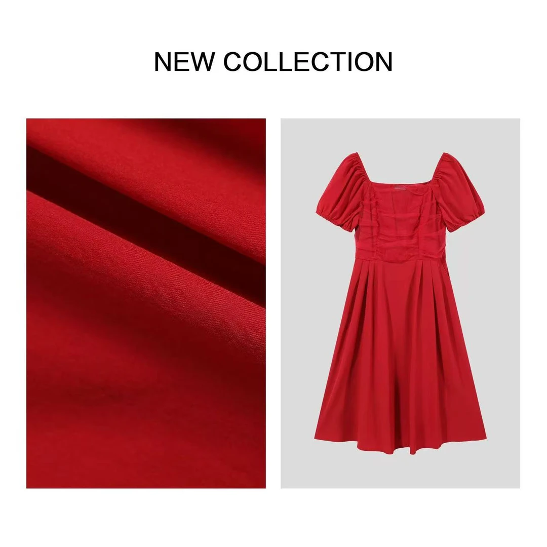 22854#夏季新款简约小个子连衣裙女时尚设计感方领法式气质长裙