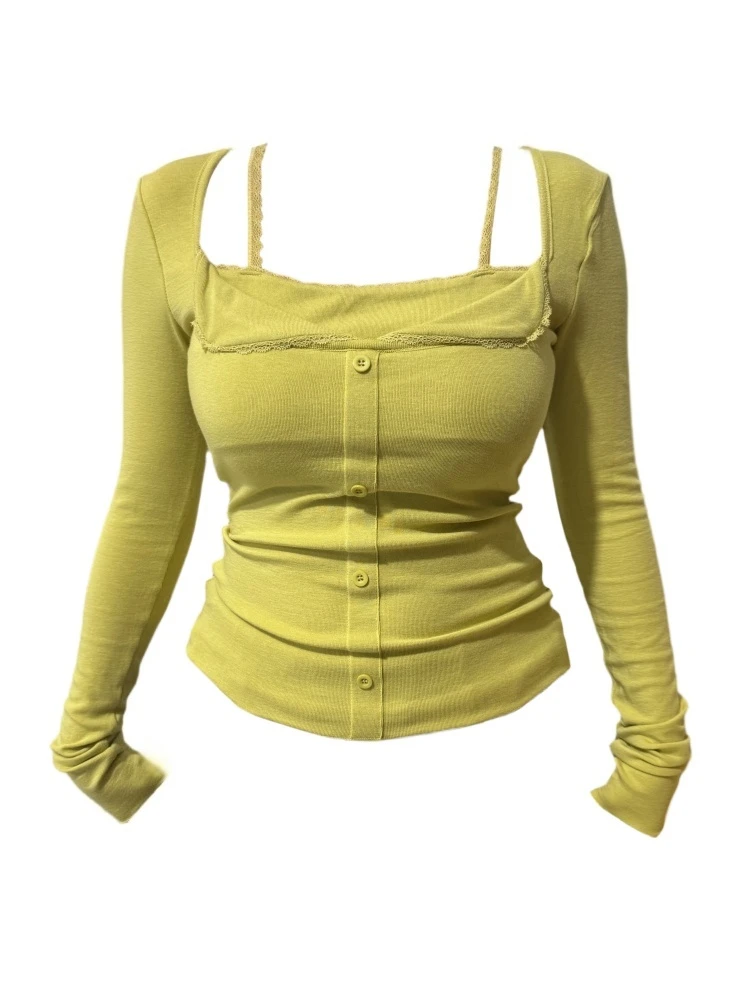 Amy家 微胖mm纯欲风假两件蕾丝拼接打底衫女秋冬修身显瘦别致上衣