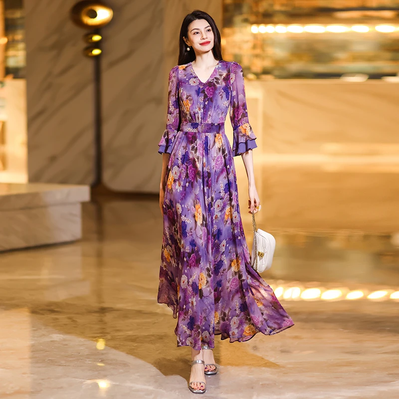 开春穿搭裙子2025新款轻奢高级感显瘦雪纺连衣裙女春秋中袖碎花裙