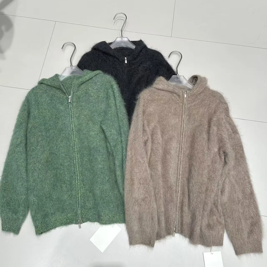 云雾轻暖 拉绒长毛工艺连帽休闲拉链羊绒羊毛开衫百搭羊绒毛衣