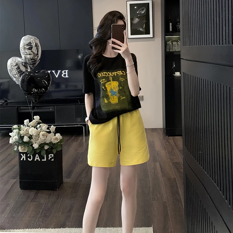 欧货网红黑色休闲运动套装女夏宽松t恤短裤爆款洋气减龄两件套潮