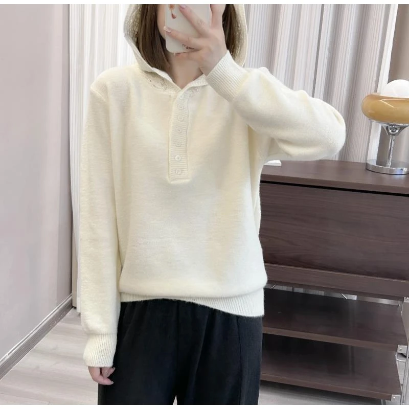 25年新款勾花连帽纽扣半开门襟套头针织衫春秋季宽松韩版女士上衣