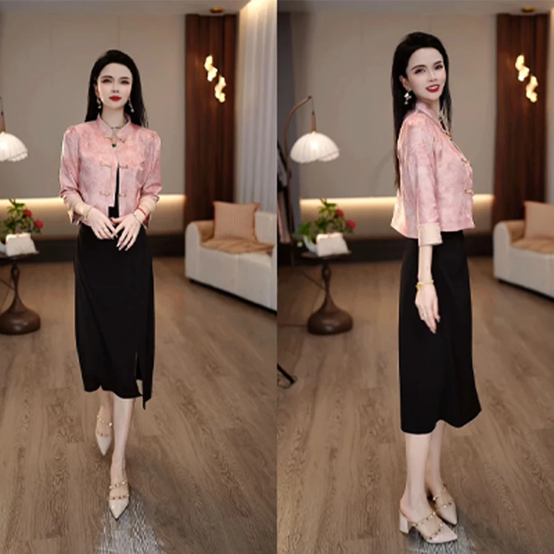 2025春款轻奢气质国风桃花粉缎面长袖外套显瘦连衣裙两件套套装