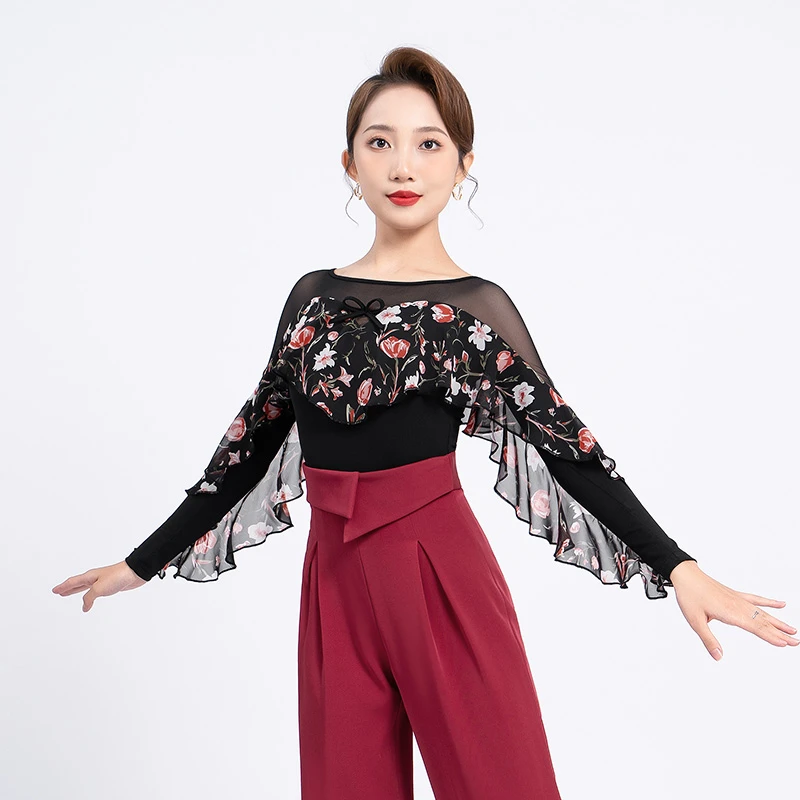 扉姿 摩登舞服女长袖秋冬连体衣上衣专业华尔兹训练舞衣F1051