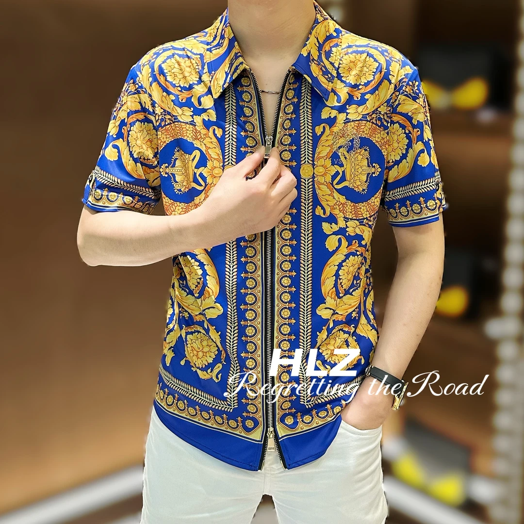 2025夏季新款修身男士休闲个性时尚薄款巴洛克百搭双拉链衬衫短袖