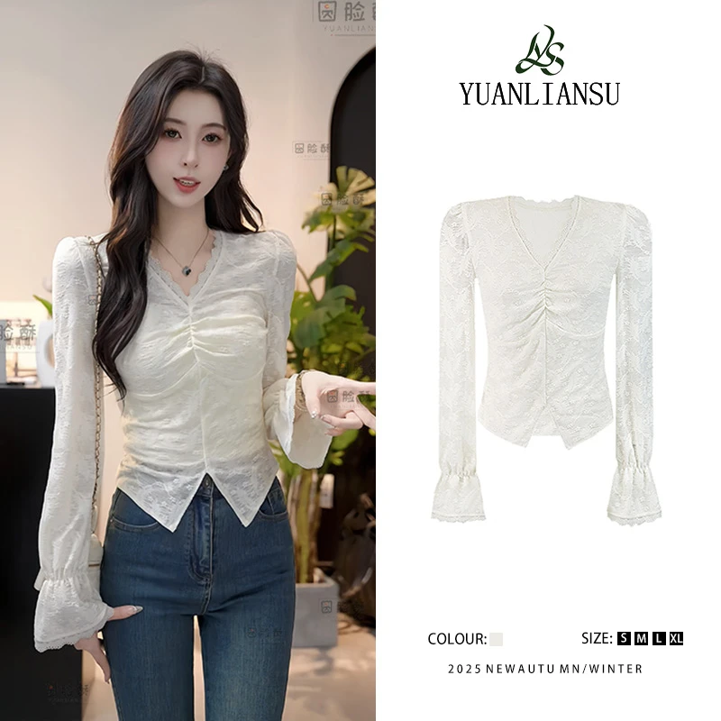 YUANLIANSU/圆脸酥【白桃花酿】法式温柔V领百搭简约衬衫小众上衣