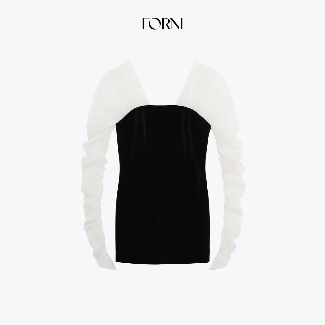 FORNI 赫本遐想 网纱抽褶拼接连衣裙&上衣不规则褶皱抹胸纱袖