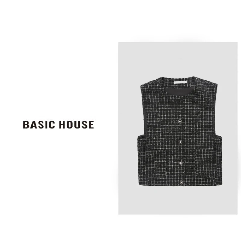 Basic House/百家好小香风粗花编织外搭叠穿圆领单排扣显瘦马甲