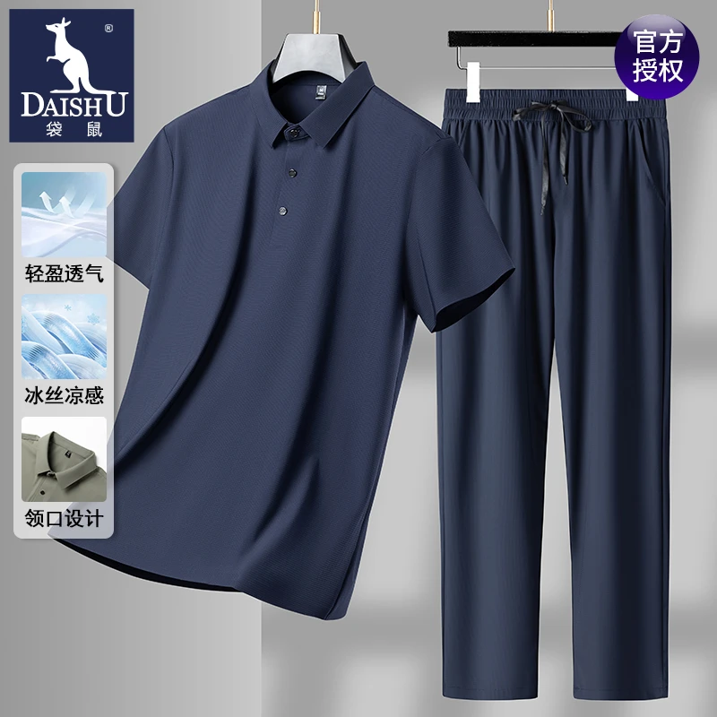 袋鼠休闲运动套装男夏季薄款冰丝翻领短袖t恤男士长裤搭配两件套
