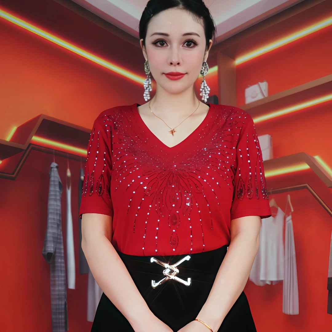 【流星蝴蝶V领短袖】新款镶钻百搭V领短袖女轻奢黑色重工打底衫