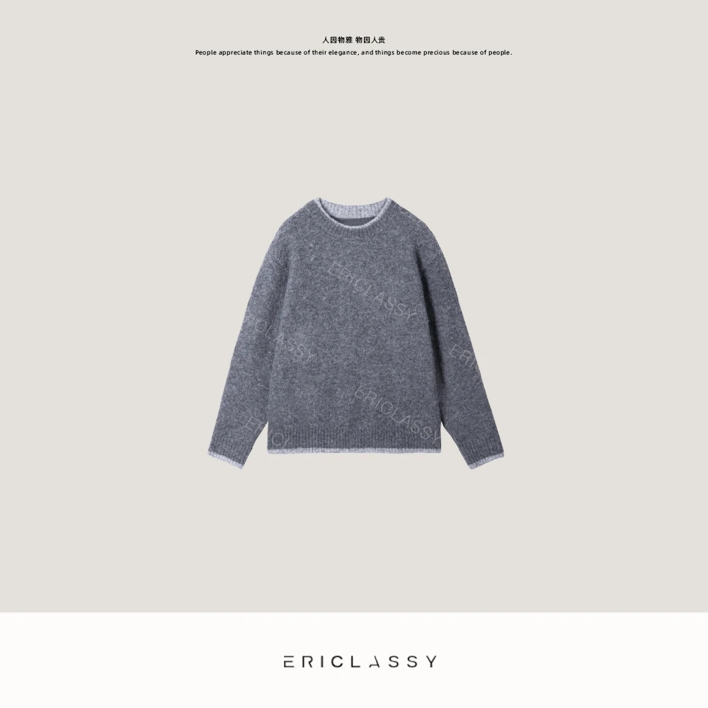 ERICLASSY 羊毛混纺蓬感圈圈纱撞色双层罗口圆领毛衣