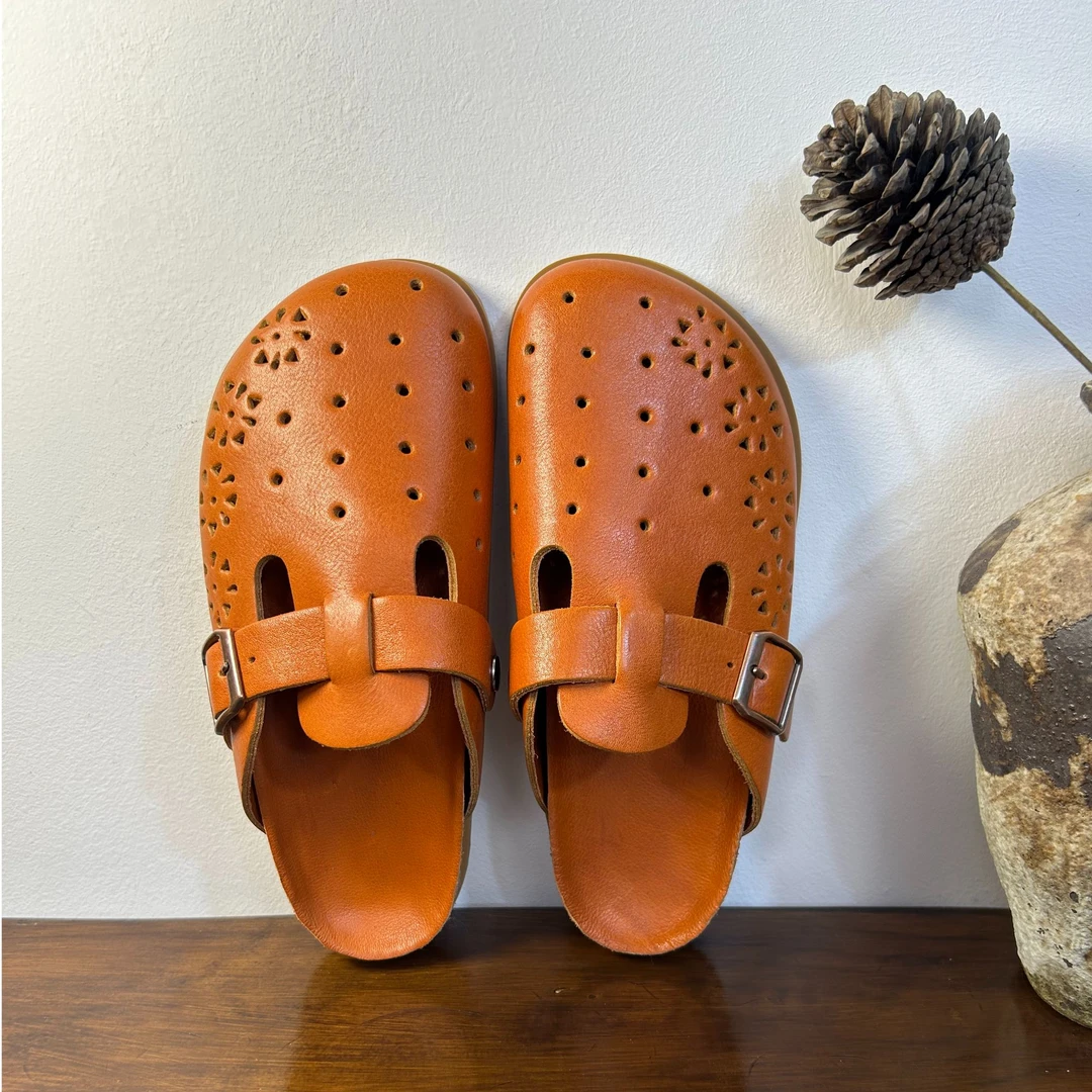 2025春夏季复古牛皮防滑洞洞鞋日常休闲舒适透气真皮平底勃肯鞋